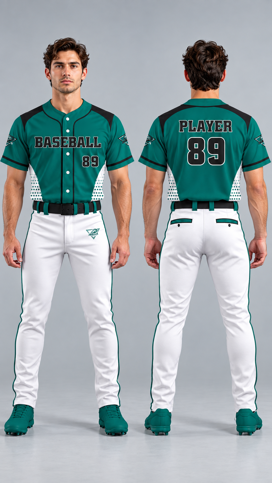 Teal Baseball Uniform Front and Back Views